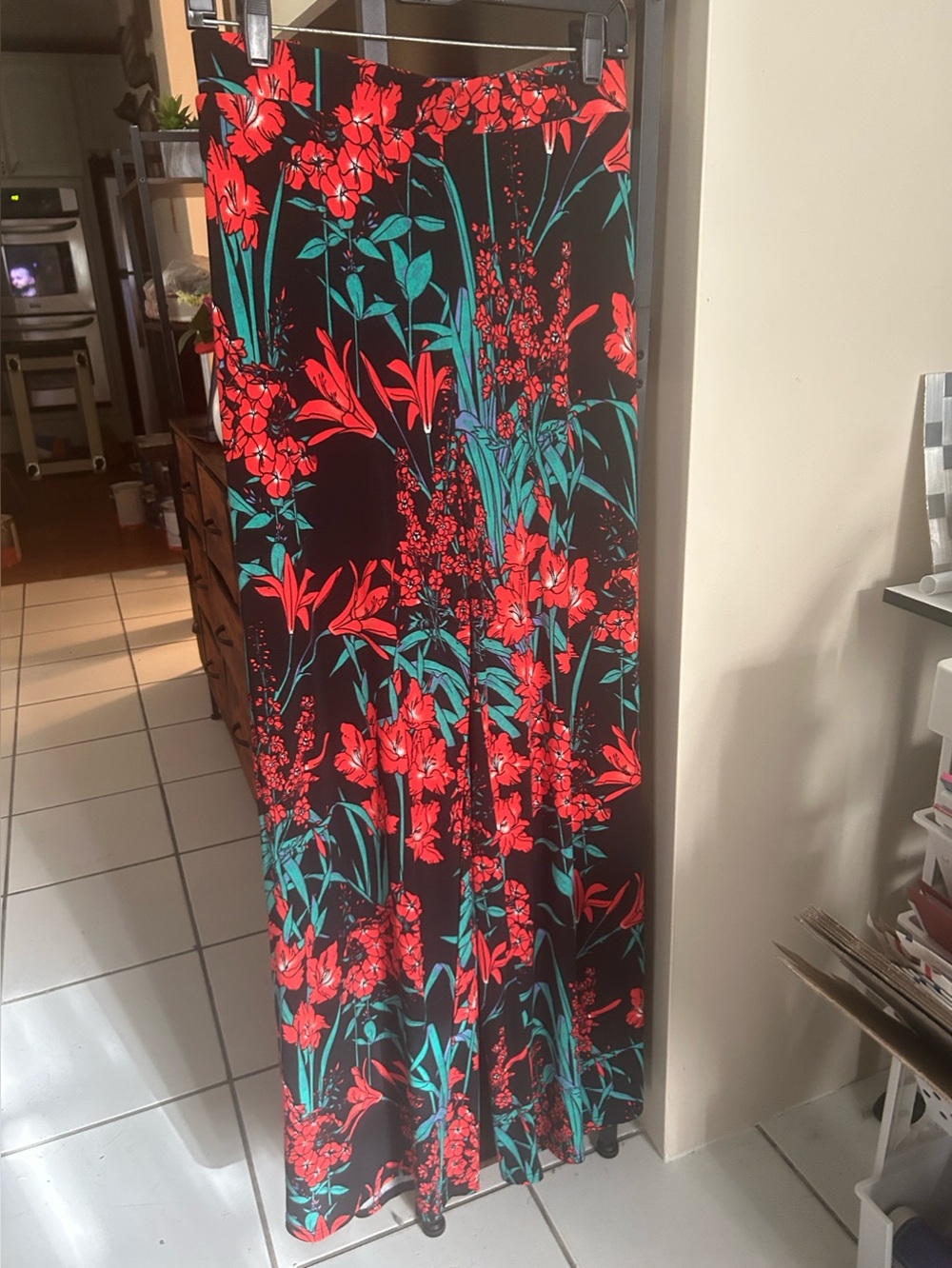 G.I.L.I. Black Maxi Skirt with Red & Teal Floral Print